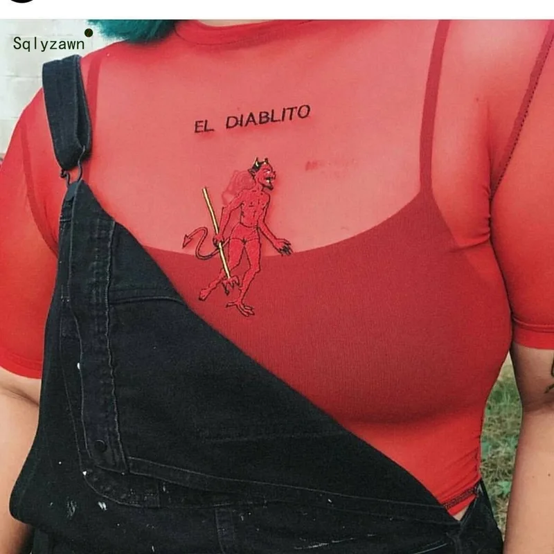 

Gothic Red Devil Embroidery Mesh Tshirt Women Short Sleeve Turtleneck Cute Tee Shirt Femme Sexy Transparent Summer Punk T Shirt