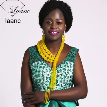 

Laanc Nigerian Jewellery Set for Women Costume African Beads Jewelry Set Crystal Yellow Necklace AL438