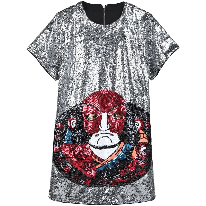 

2019 Summer Shiny Sequins Mini Dress Women Sexy Red Face Printed Short Sleeve Female Sliver Party Loose Dresses Clothes