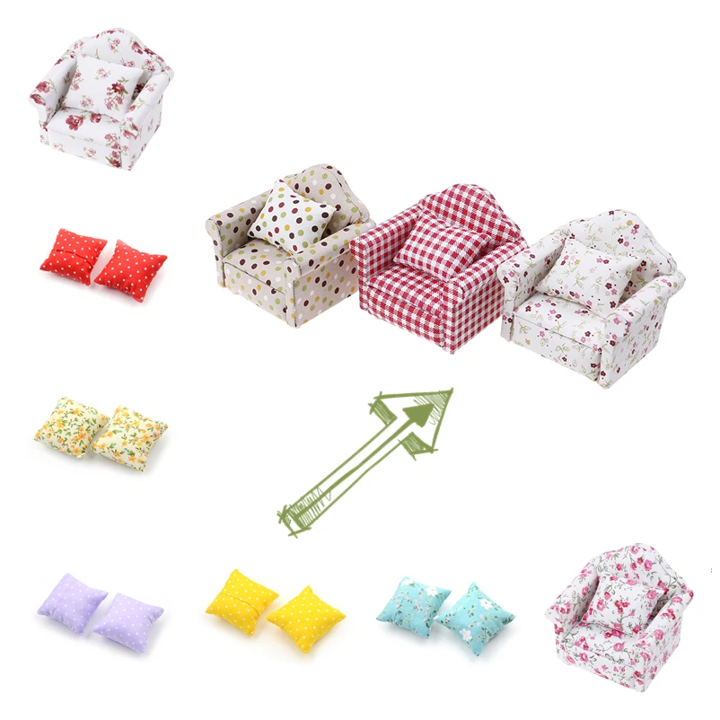 

1:12 Dollhouse Furniture Dot Plaid Flower Chair Sofa With Pillow Sweet Furniture For Doll House Armchair Furniture Toys Gift