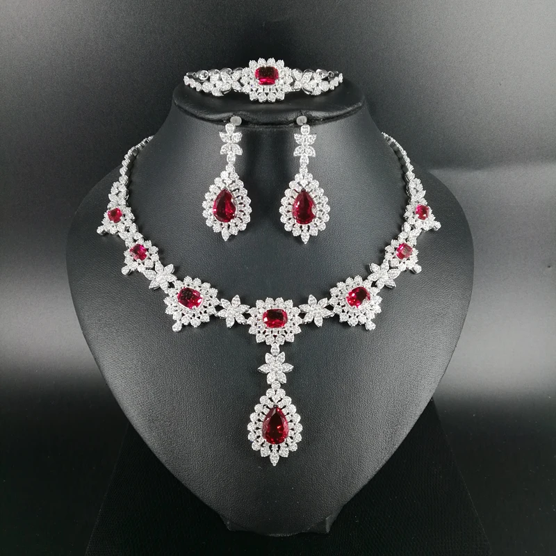 

2019 NEW FASHION luxury vintage red CZ zircon necklace earring bracelet ring wedding bridal banquet dressing jewelry set