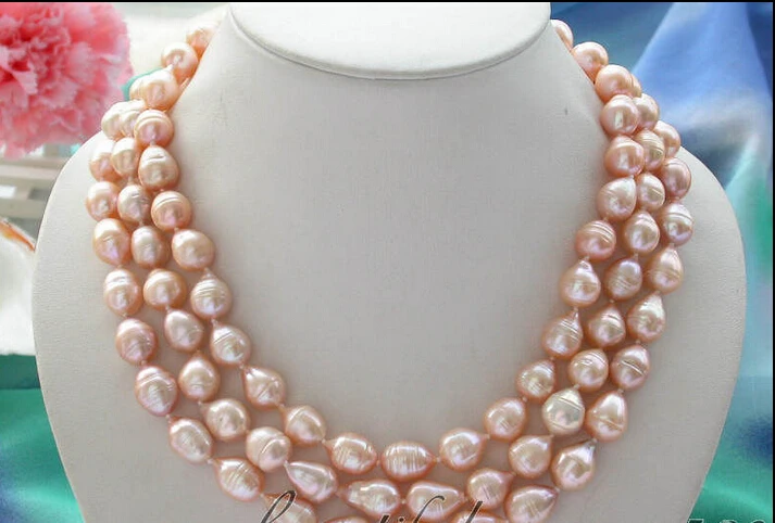 

Free shipping@@@@@ A>NATURAL 3row 15mm pink drip freshwater cultured pearl necklace Z4330 a