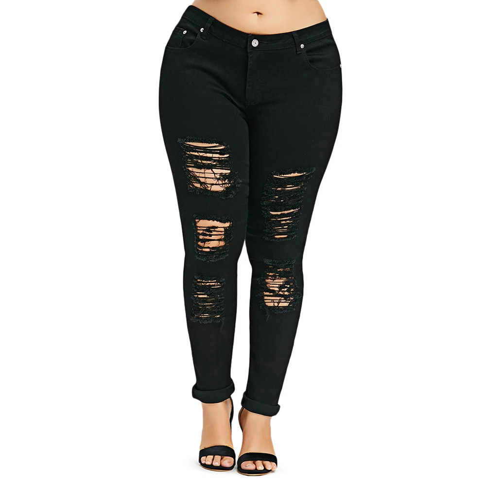 LANGSTAR Plus Size Women Jeans Five Pockets Distressed Jeans Zipper Fly Skinny Pencil Pants