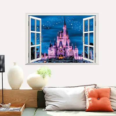 

Beautiful Ancient Princess Castle night landscape window view wall sticker for girls room decorative star sky coffee store decal