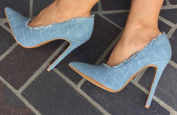 Zapatos de tacón alto de encaje para mujer, Vaqueros azules de alta calidad, tacón de aguja de 10cm de altura, tacones sexys para boda y fiesta| Zapatos de tacón de mujer| -