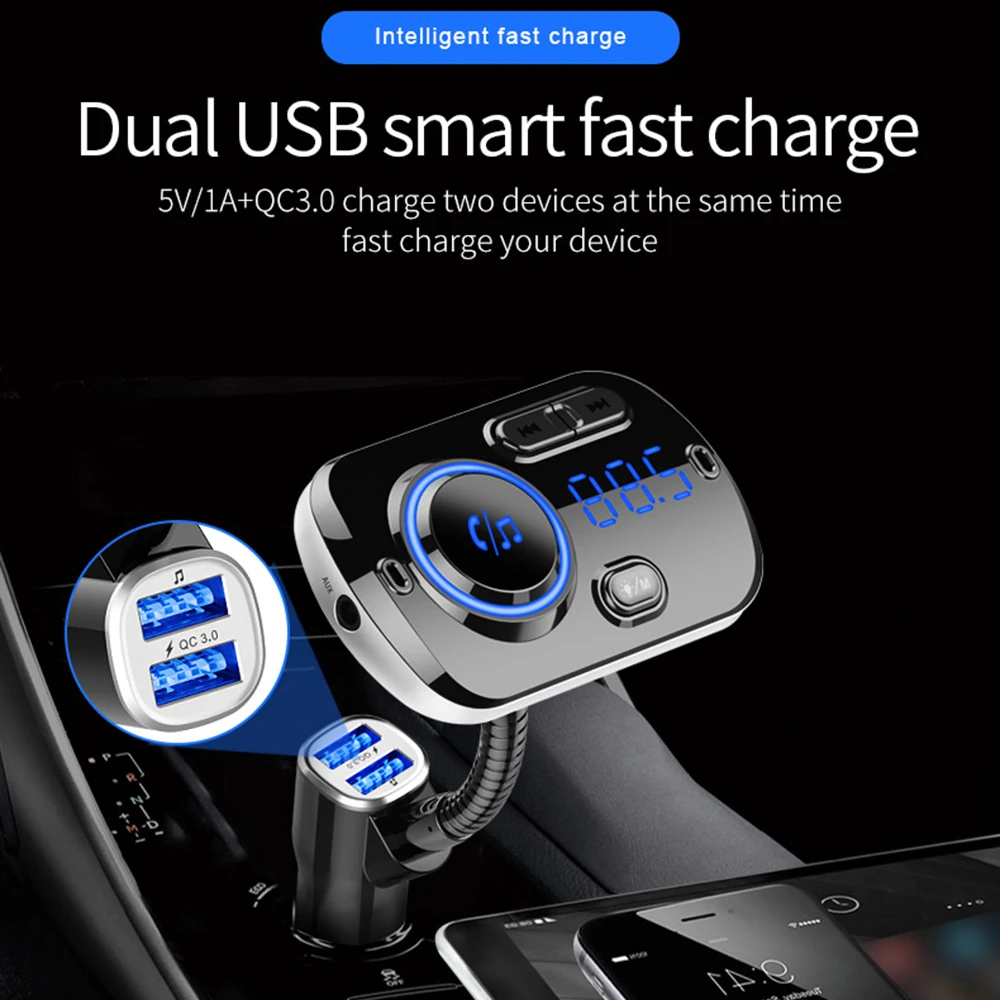 Автомобильный fm-передатчик Bluetooth V5.0, беспроводное радио, автомобильное зарядное устройство, адаптер MP3 с QC3.0, зарядка, поддержка USB, TF карта, светильник