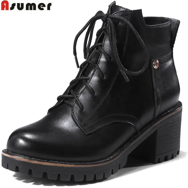 

ASUMER black women boots round toe square heel genuine leather boots lace up autumn winter cow leather ankle boots