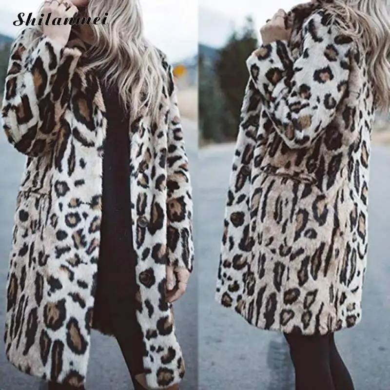

2019 Fashion Casual Slim Print Fur Jacket Winter Leopard Warm Jacket Women Female Harajuku Long Faux Fur Coat Thicken Outwear