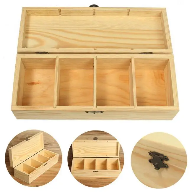 Vintage 4 Compartments Wooden Tea Box Jewelry Accessories Storage