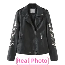 Настоящая фотография, женская панк Классическая кожаная куртка на молнии, Осень-зима, хорошее качество, мотоциклетная, с вышивкой, черная, искусственная кожа, пальто, искусственная кожа, мягкая, с отворотом