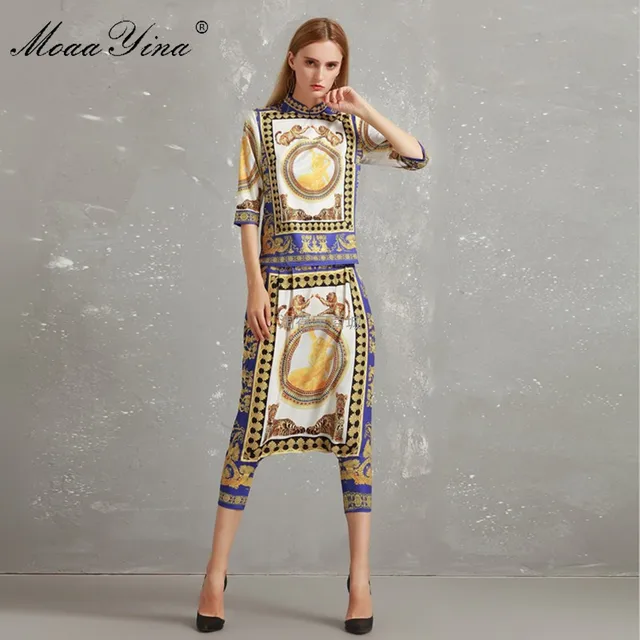 Cheap MoaaYina Fashion Designer Runway Set Autumn Women Half Sleeve Vintage Print Elegant Shirt+Hip Hop Pants Suits Two-piece suit