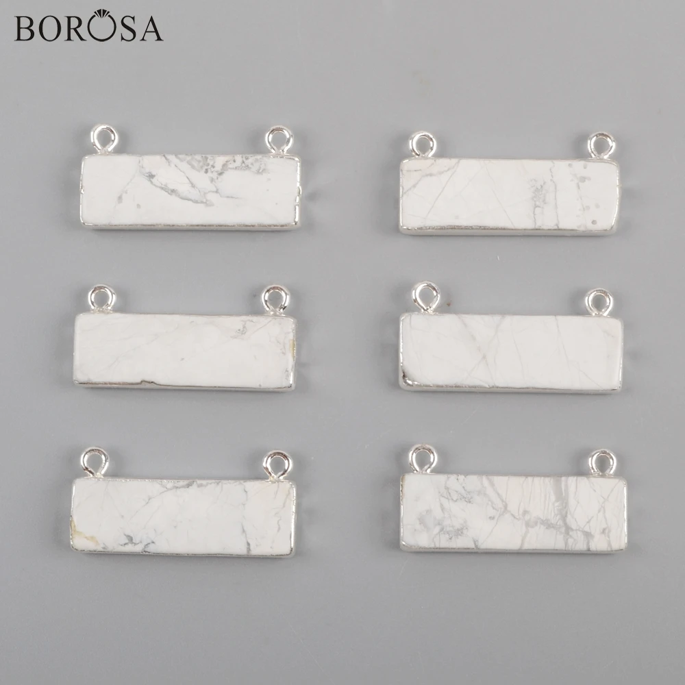 

BOROSA Rectangle Silver Plated White Turquoises Connector White Howlite Double Charms for Necklace Jewelry S1832