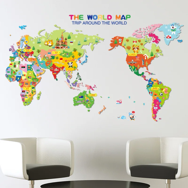 Cartoon Animal World Map DIY Vinyl Wall Stickers Kids love Home Decor office Art Decals creative 3D Wallpaper decoration Cartoon Animal World Map DIY Vinyl Wall Stickers Kids love Home Decor office Art Decals creative 3D Wallpaper decoration
