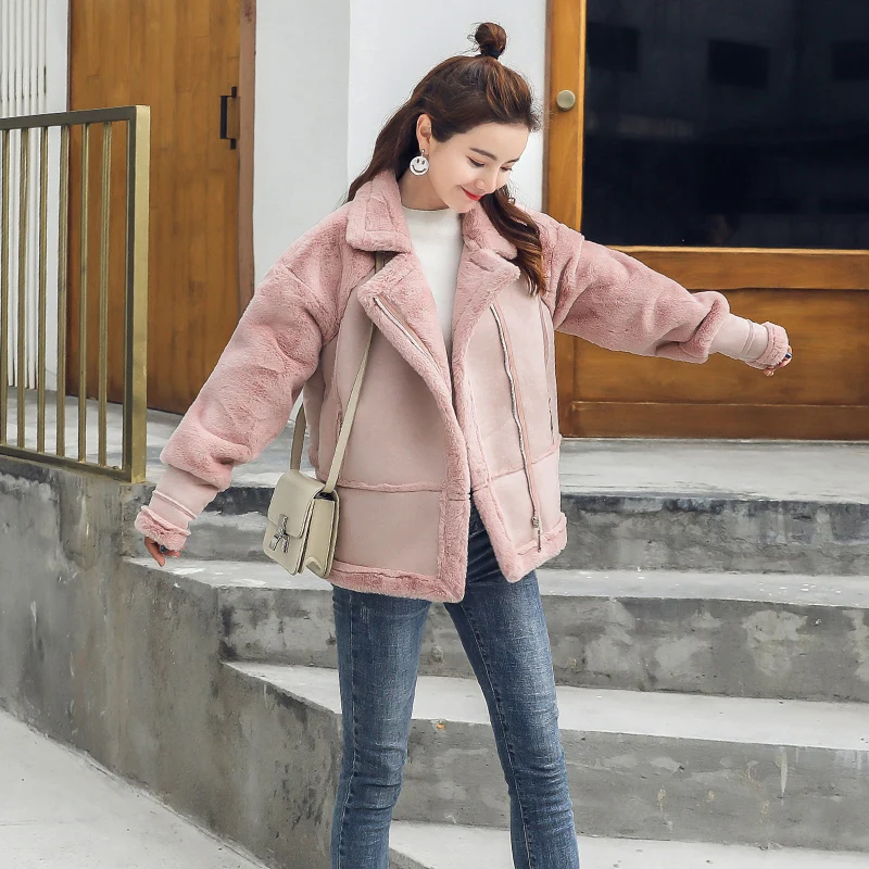 Koop Mode Winter Vrouwelijke Konijn haar Korte Dikke Warme Shearling Jassen Faux Konijn haar Jassen Vrouwen Faux Lamswollen Patchwork Jas