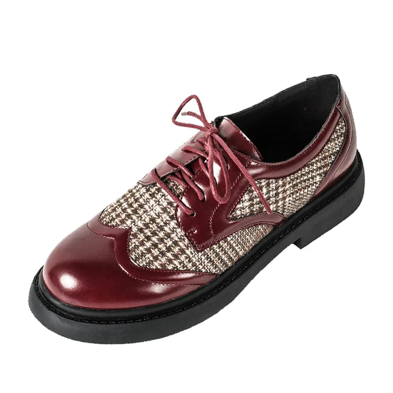 Туфли-оксфорды из лакированной кожи в клетку с перекрестной шнуровкой; женская обувь на толстой резиновой подошве; обувь на платформе; женская обувь; кожаные туфли дерби в стиле ретро - Цвет: Розово-красный