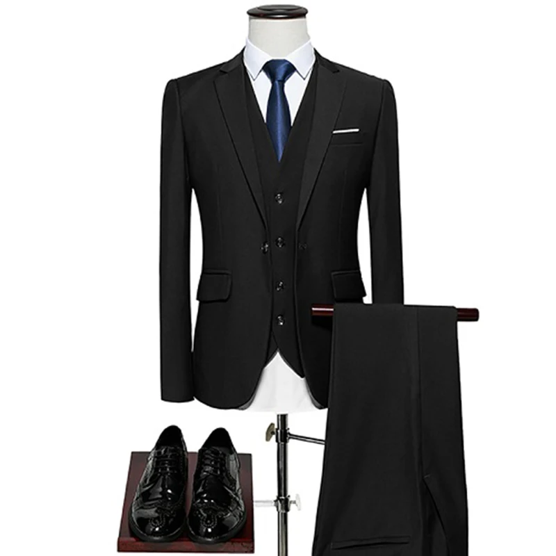 Пиджак+ брюки+ жилет) Модный мужской костюм, мужские блейзеры, приталенные костюмы, мужские вечерние костюмы, синий классический черный цвет - Цвет: 2 Piece black
