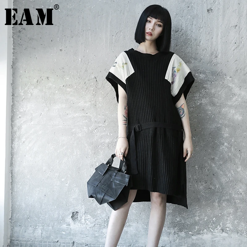 

[EAM] 2019 New Spring Summer Round Neck Short Sleeve Pattern Printed Loose Waist Bandage Knitting Dress Women Fashion Tide JO465