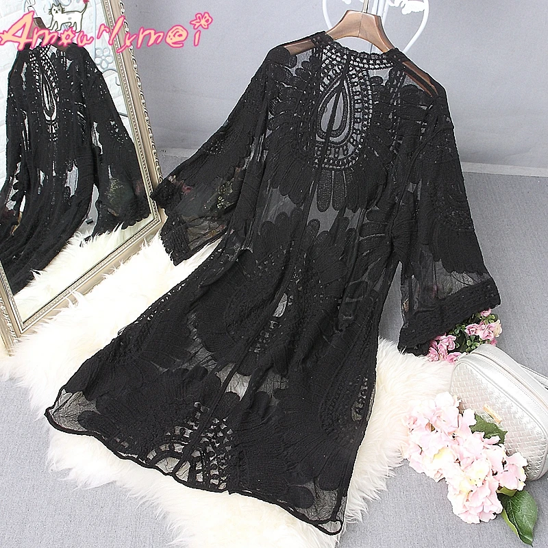 

Amourlymei Hot Sale 2017 Sumemr New Style Fashion Women Black Sexy Crochet Lace Beach Long Kimono Cardigan Tops Blusas Femininas