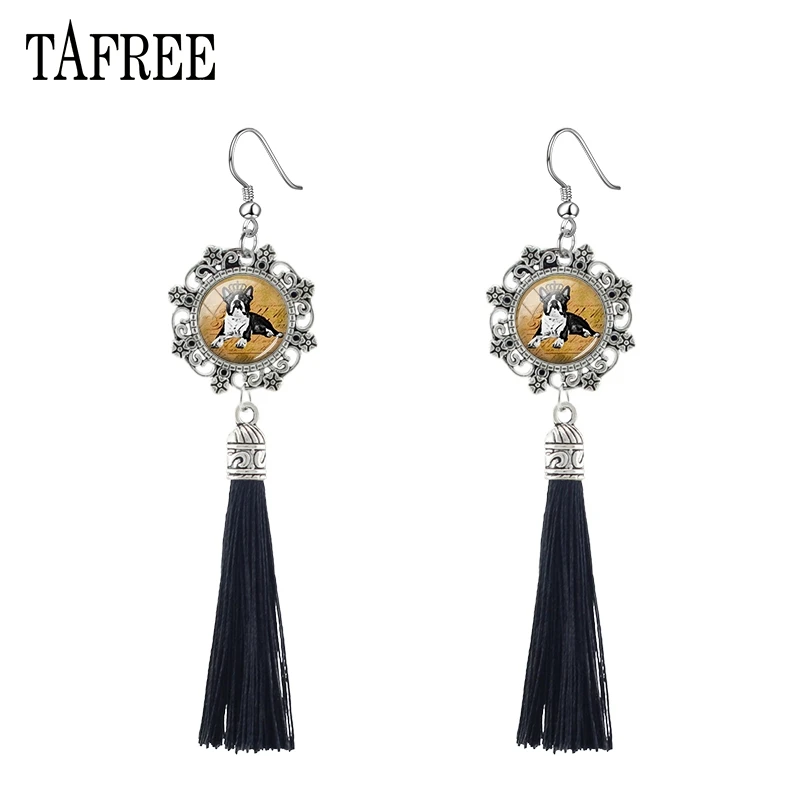 

TAFREE Cute Dogs Picture Black Tassel Earrings Animals Glass Cabochon Fashion Classic Dangle Earrings Bohemia jewelry C732