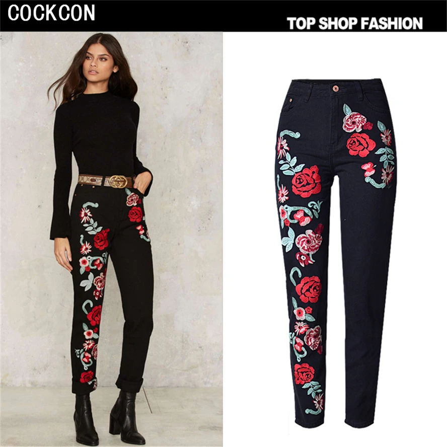 COCKCON High Waist Women Jeans Floral 3D embroidery Flower Ladies Straight Denim Pants Jeans Female Stretch