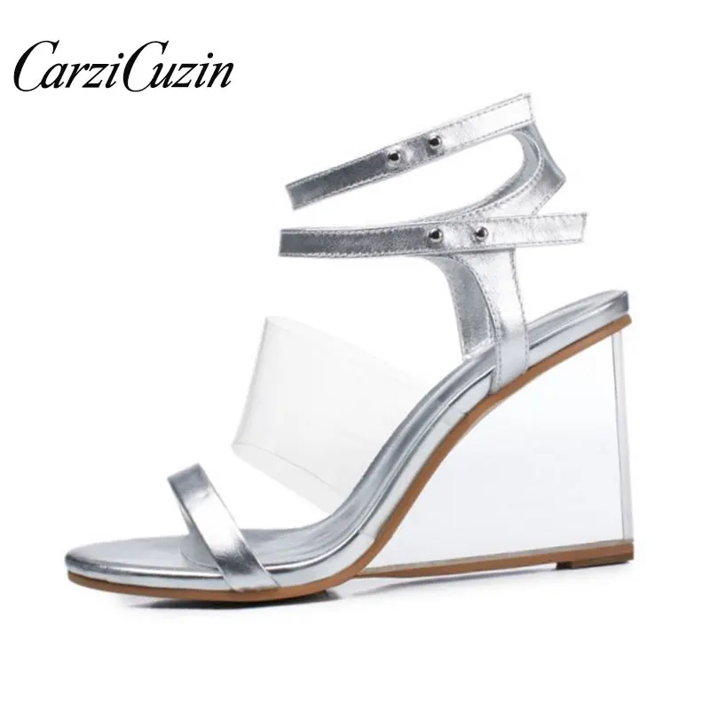 

Carzicuzin Real Genuine Leather Women Wedges Sandals Open Toe Metal Color Sexy Sandals Summer Shoes Woman Footwear Size 33-41