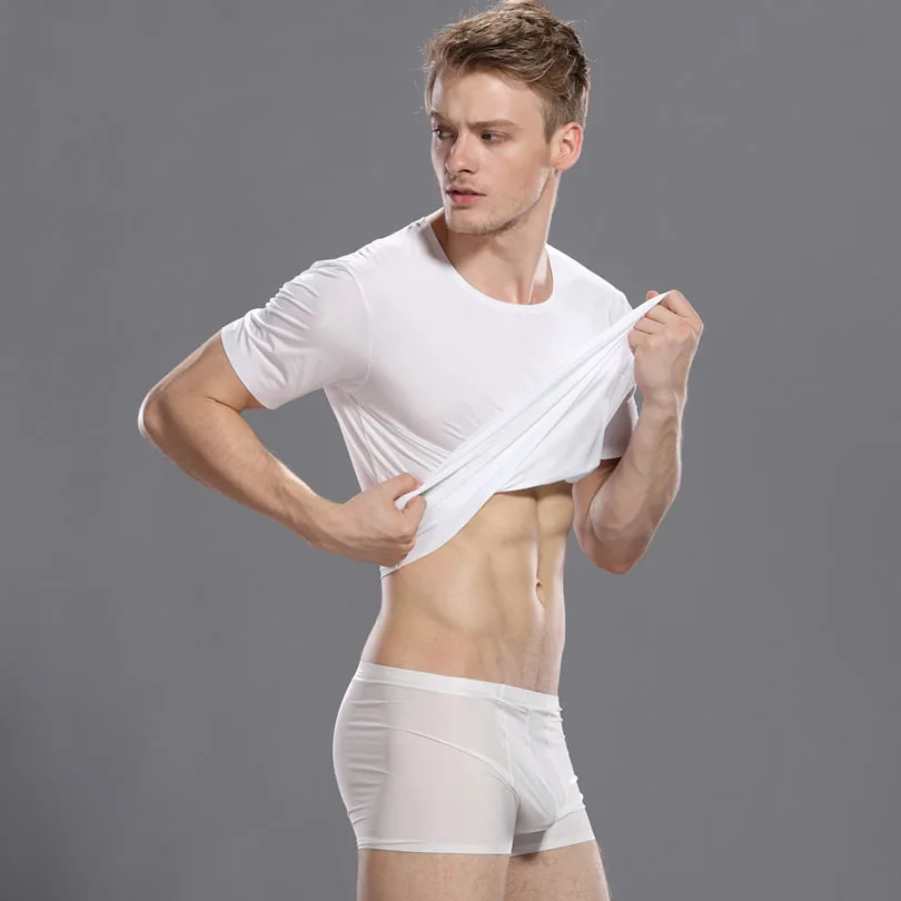Men Undershirt Short Sleeve Tshirt Solid Spandex Nylon Knitted Underwear 3 Colors