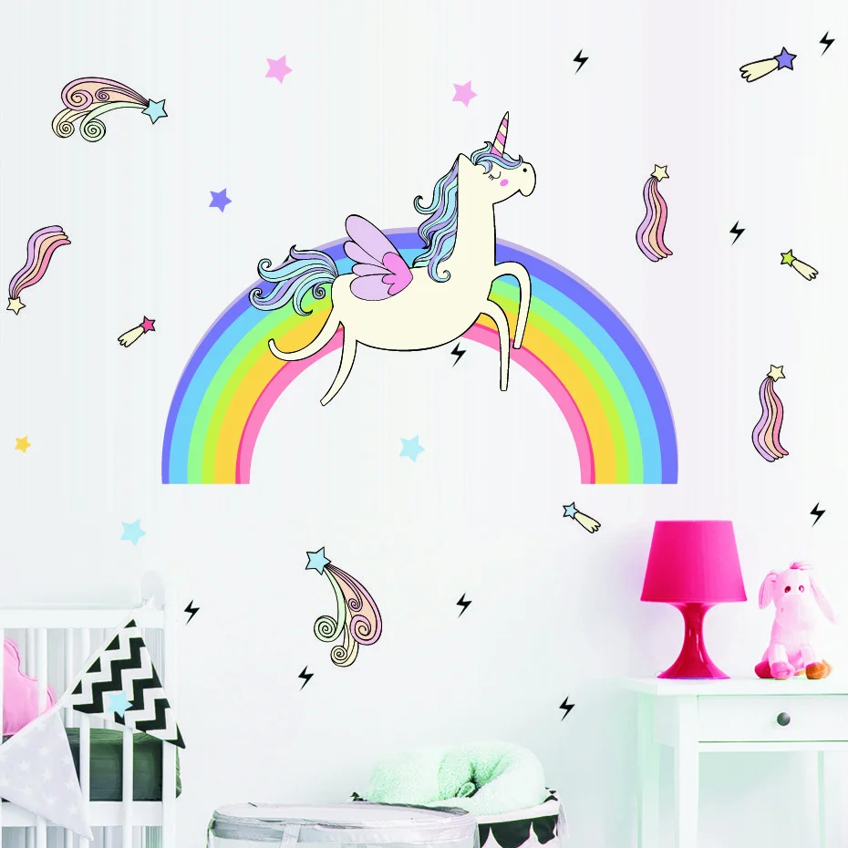 Красочные Мультяшные наклейки на стену с единорогом и звездами для детской комнаты, комнаты для девочек, комнаты для спальни, декор для детской комнаты, наклейки на стену с животными