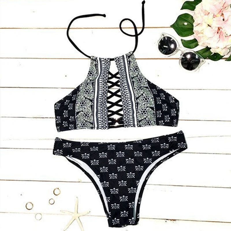 

YICN High Neck Bikini Women Push Up Swimwear Blcak Low Waist Swimsuit Bikinis Set 2018 Sexy Solid Banting SwimSuit Plus Size 2XL