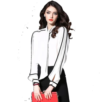 

2018 autumn women white and black chiffon blouse office lady lantern sleeved bow neck white shirts elegant tops
