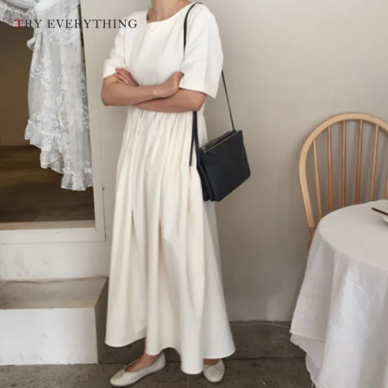

Loose White Casual Dress Women Summer 2019 Solid Short Sleeve Ladies Casual Summer Long Dresses Mid Calf Korean Dress Women