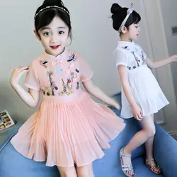 Платье для девочек 2018 Летние Детские платья для девочек классическое платье с пряжкой для маленьких девочек cheongsam Roupas infantis menina вышивка