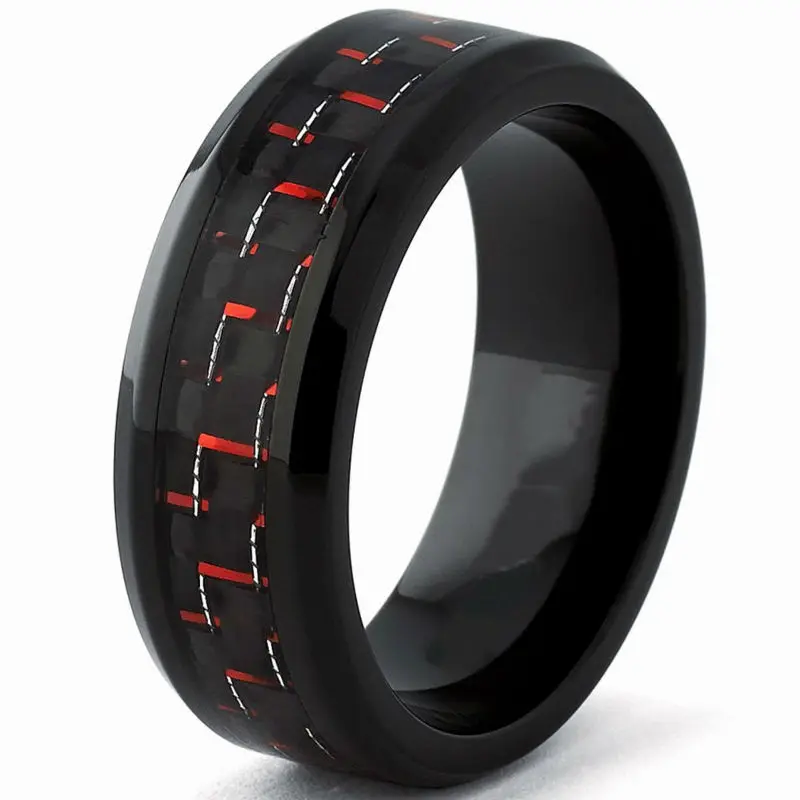 mens wedding bands Black Tunsten Wedding Band Ring with Black and Red Carbon Fiber inlay