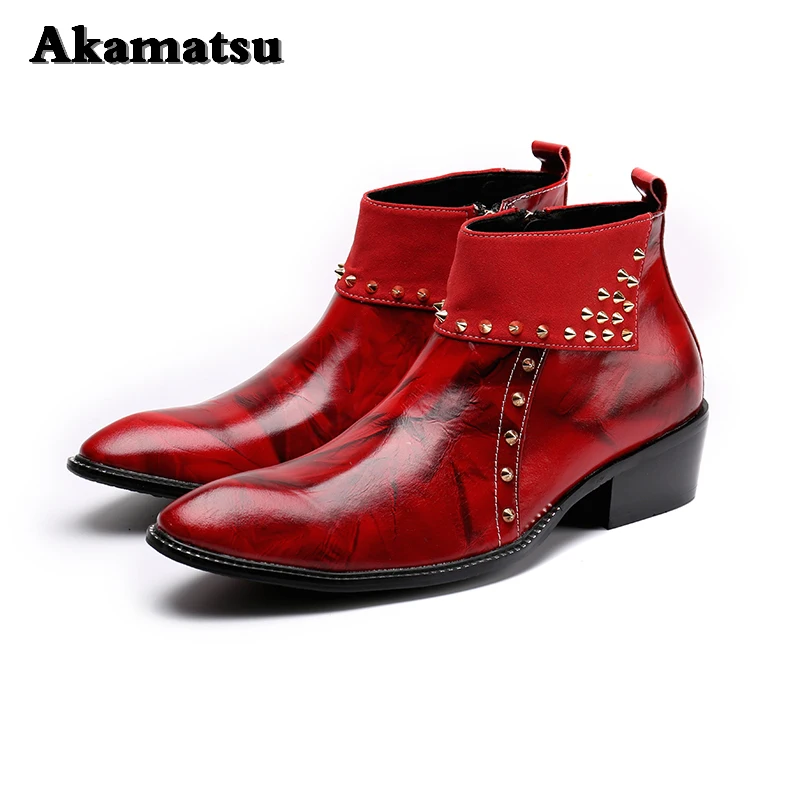 Akamatsu 2018 Spring Italian Shoes Print Red Rivets Pointed Toe Ankle