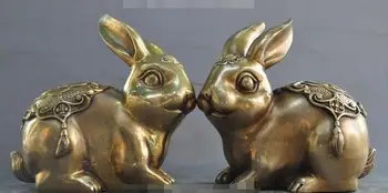 

marked chinese brass fengshui animal Rabbits money coin wealth lucky statue pair