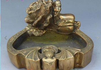 

WBY---322+++6" Chinese Dynasty Brass Wealth Cabbage Bat Statue coin ashtray Tobacco Tank