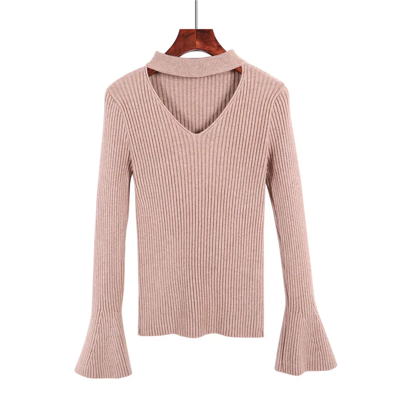 Sexy Flare Sleeve Sweater Women Fashion V-neck Bell Sleeve Knit Pullover Jumper  Female Brand Solid Color Knitted Sweater D216