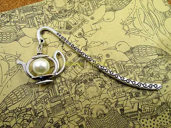 

Antique silver Tea Time, kitsch tea pot with bead, charm pendant bookmark