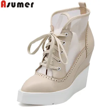 

ASUMER 2019 new ankle boots for women pointed toe lace up high heels ladies prom shoes platform wedges boots women big size