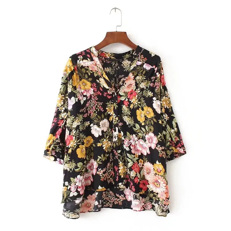 

NSZ Women Summer Print Oversize Shirt Short Sleeve Deep V Neck Blouse Loose Ladies Top