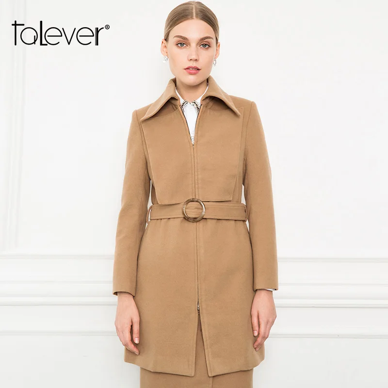 Women Fashion Warm Long Winter Coat Turn down Collar Adjustable Belt Fleece Coats Office Lady 