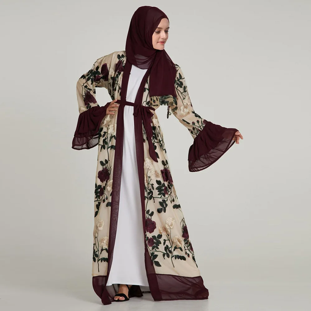 Новая Мода Дубай открытая мусульманская абайя для женщин длинное платье полный Вышитый цветочный кардиган Дубай кимоно леди скромная одежда