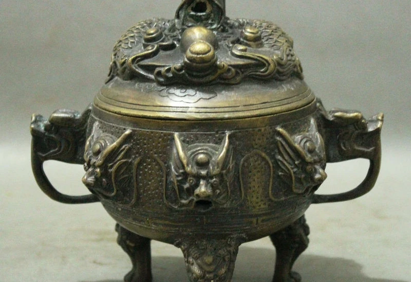 

7" Tibet Buddhist Temple Bronze 9 Dragon Head Lion Statue Incense Burner Censer