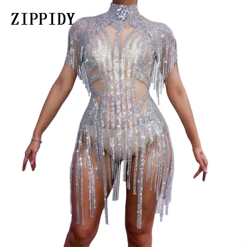 body suits for women Fashion Silver Rhinestones Fringes Bodysuit  Celebrate Costume Female Singer Bling Tassel Leotard Stage Dance Wear backless bodysuit