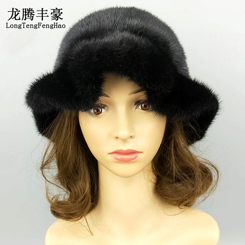 

Women Real Mink Fur Bowler Hat Winter Black Fur Cap With Lace Female Causal Average Code Hat Female Genuine Fur Thick Fedoras
