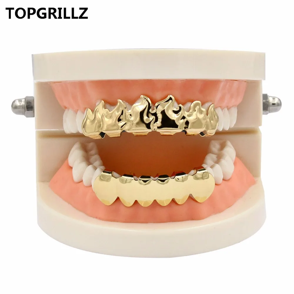 TOPGRILLZ позолоченные хип-хоп ЗУБЫ Grillz пламя лист сверху и снизу гриль набор с силиконовыми вампирскими зубами Рождественский подарок