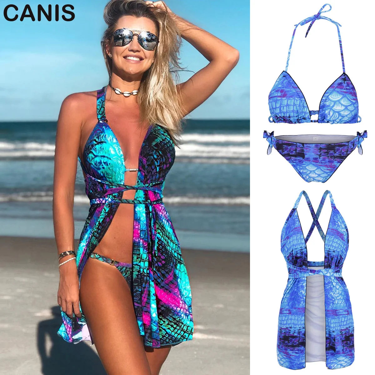 

Floral Sexy Swimwear Women 2019 New 3 Pieces Set Bandage Swimsuit Women Mermaid Bikini Bathing Suit Micro Bikini Set + Cover Up