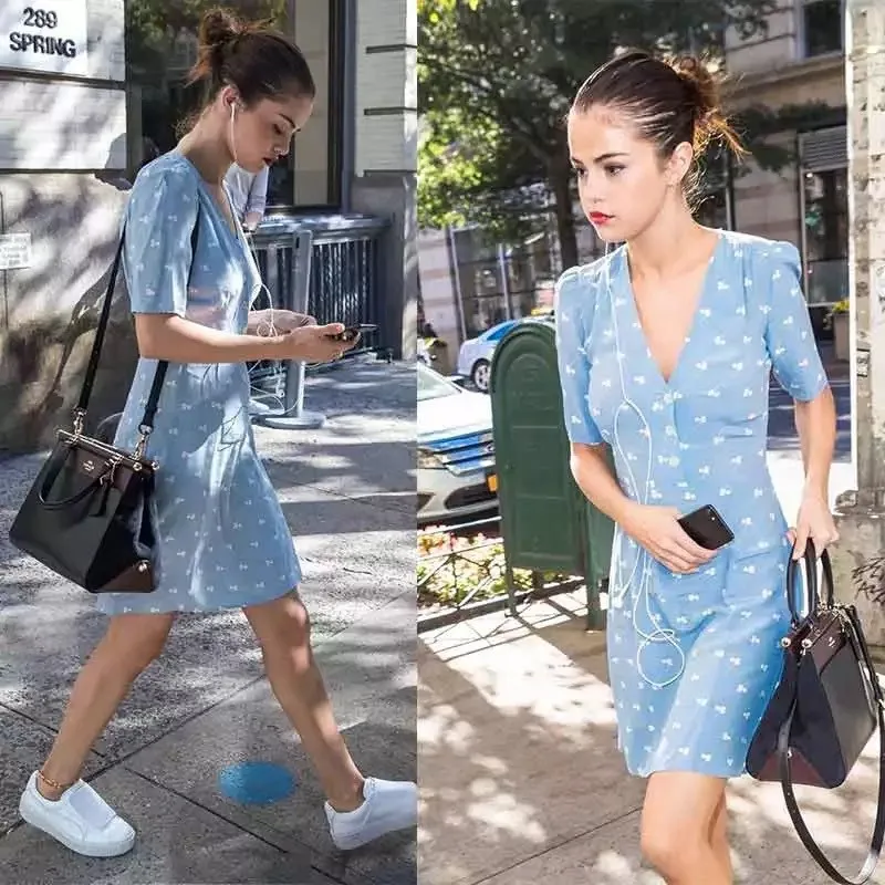 yinlinhe Light Blue V neck Summer Dress Short Sleeve Slim Elegant Women Dress Button Fashion Ladies Ruffles Vestido    6