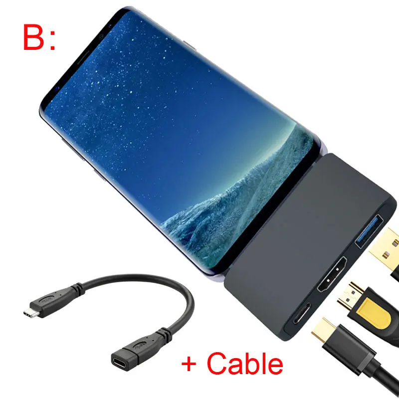 Mosible USB C концентратор к HDMI для Dex samsung Phone Zend Переключатель концентратор USB 3,0 с адаптером питания для Macbook Pro/Air type-C док-станция - Цвет: Gray add Cable