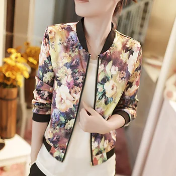 

2019 New Spring Women Bomber Jacket Vintage Sweet Floral Collar Long-sleeved Bomber Short Print Zipper Jacket Coats