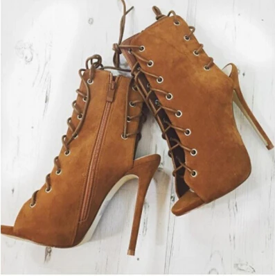 

New Gladiator Women Sandals Boots Stiletto High Heels Suede Leather Peep Toe Lace-up Woman Ankle Boots